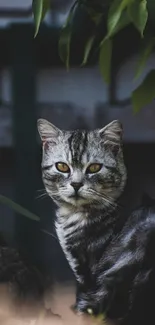 A majestic tabby cat with golden eyes amidst lush greenery.