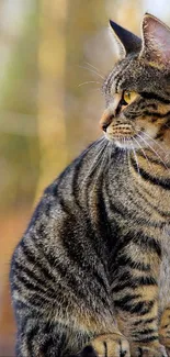 Majestic tabby cat sitting outdoors, surrounded by nature.