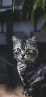 Majestic cat sitting in lush greenery, captured in a serene outdoor setting.