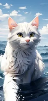 White cat swims in the ocean with a bright sky background.