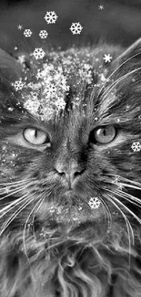 Majestic cat with snowflakes on fur in black and white wallpaper.