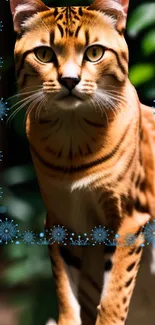 Tiger-like cat with blue snowflakes wallpaper.