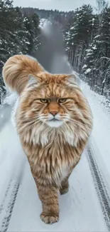Majestic ginger cat on snowy forest road.