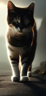 Majestic cat walking on path at sunset with glow effect.