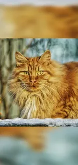 Ginger cat sitting on snowy ground with blurred background in winter.