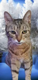 Majestic cat stands gracefully in a snowy winter landscape with a waterfall.