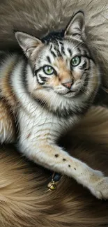 Majestic cat lying on fur with green eyes in mobile wallpaper.