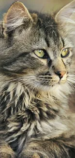 Long-haired cat with green eyes in a serene outdoor setting.