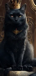 Majestic black cat with crown on golden ornate throne.