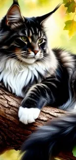 Majestic cat resting on a tree branch amidst vibrant leaves.