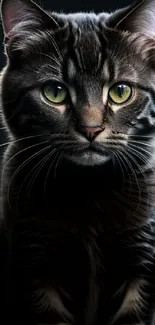 Majestic cat with green eyes on dark background.