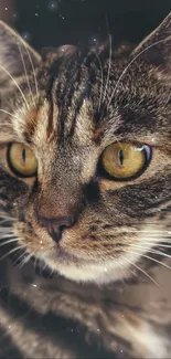 Close-up of a tabby cat with golden eyes, surrounded by small starry lights.