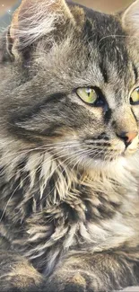 Long-haired cat with yellow eyes in a serene, detailed portrait.