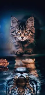 Majestic cat reflection on water with dark background.