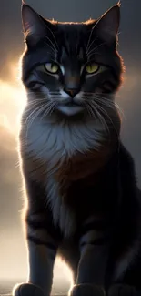 Majestic cat silhouette with glowing sunset background.