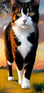 Majestic cat walking in sunset artwork.