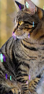 Majestic tabby cat with vibrant digital effects.