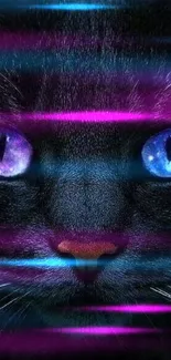 A black cat with cosmic galaxy eyes on a dark background.