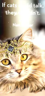 Cat with golden crown and vibrant yellow eyes on elegant wallpaper.