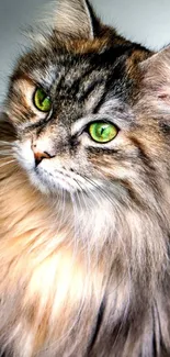 Majestic fluffy cat with vibrant green eyes and long, soft fur.