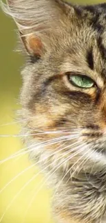 Close-up of a cat with green eyes on a blurred yellow background.