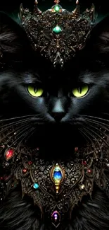 Majestic black cat with a jeweled crown and glowing green eyes on a dark background.