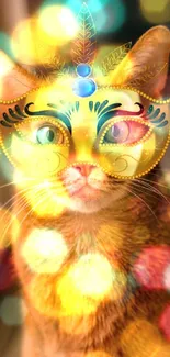 Cat wearing a golden decorative mask.