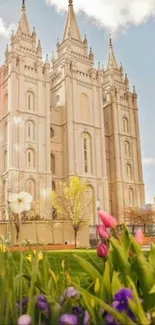 A majestic beige cathedral surrounded by colorful spring flowers under a sunny sky.