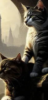 Two majestic cats in a fantasy setting with a castle background.