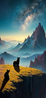 Two cats on a cliff with mountains under a starry sky.