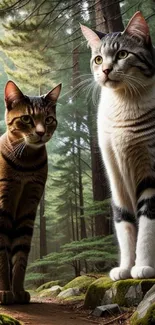 Two cats stand on a forest path surrounded by tall trees.