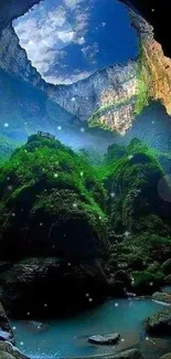 A breathtaking view from inside a cave, showcasing green landscapes and blue sky.