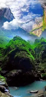 Majestic view from inside a lush cave with blue sky above.