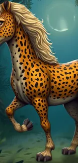 Cheetah-horse hybrid in moonlit jungle setting.