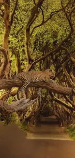 Cheetah lounging on a tree branch in a mystical forest pathway.