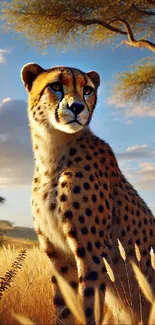 Cheetah standing in sunny savanna landscape.