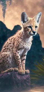 Majestic cheetah sitting on a rock at night in a mystical scene.