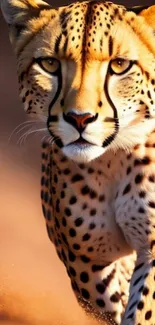 Cheetah running in the wild, showcasing its spotted fur and intense gaze.