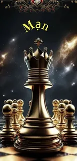 Chess queen in galaxy with golden hues, elegant design.