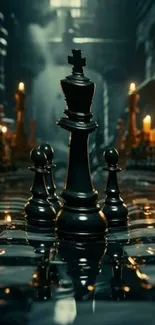 Majestic chess pieces with candle glow on a reflective surface.