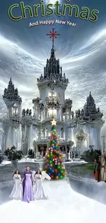 Stunning Christmas palace with holiday tree and figures.