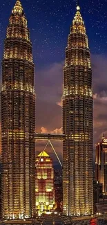 Night cityscape with lit skyscrapers and starry sky.