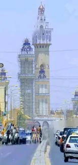 Vibrant cityscape with tall towers and a busy road capturing urban essence.