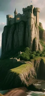 Medieval castle atop a cliff with ocean view.