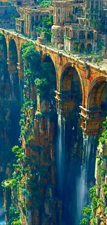 Majestic city built on cliff with waterfalls and lush greenery.