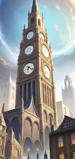 Majestic clock tower under a surreal sky in a digital artwork.