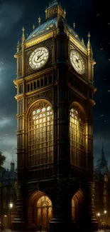 Majestic clock tower glowing at night.