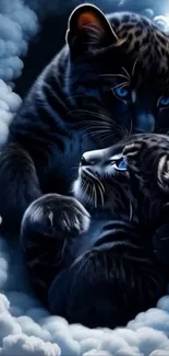 Two leopards nestled in cloudy surroundings with blue tones.