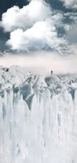 Majestic clouds over a frozen, icy cliff landscape.