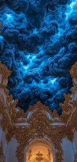 Ornate golden hall with mystical blue clouds ceiling.